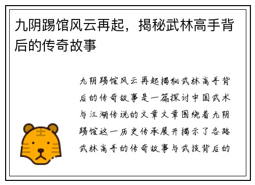 九阴踢馆风云再起，揭秘武林高手背后的传奇故事